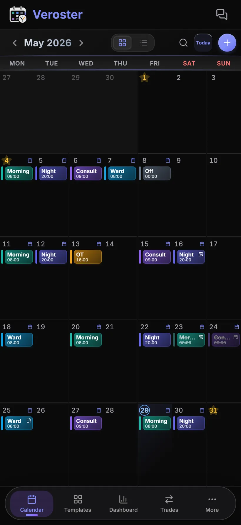 Veroster shift calendar showing a full month of color-coded shifts