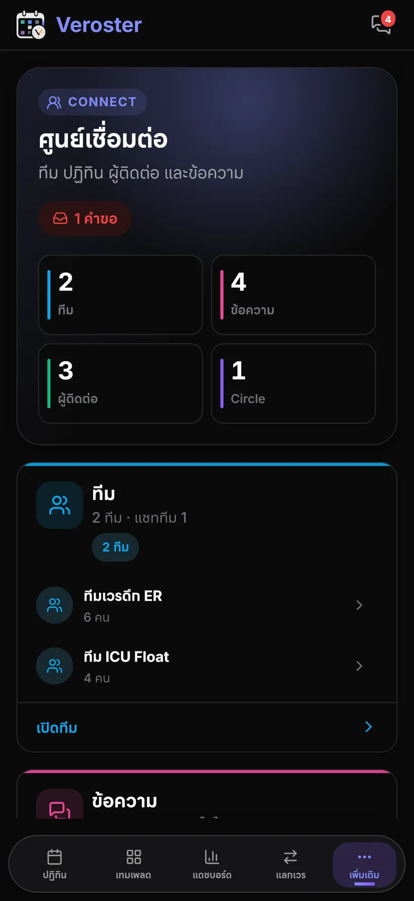 Connect Hub ของ Veroster แสดงทีม ข้อความ และผู้ติดต่อ